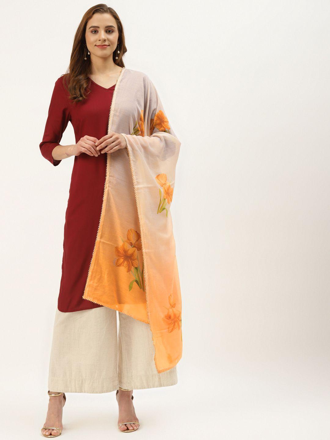 vaaba orange & white floral printed cotton silk ombre dupatta