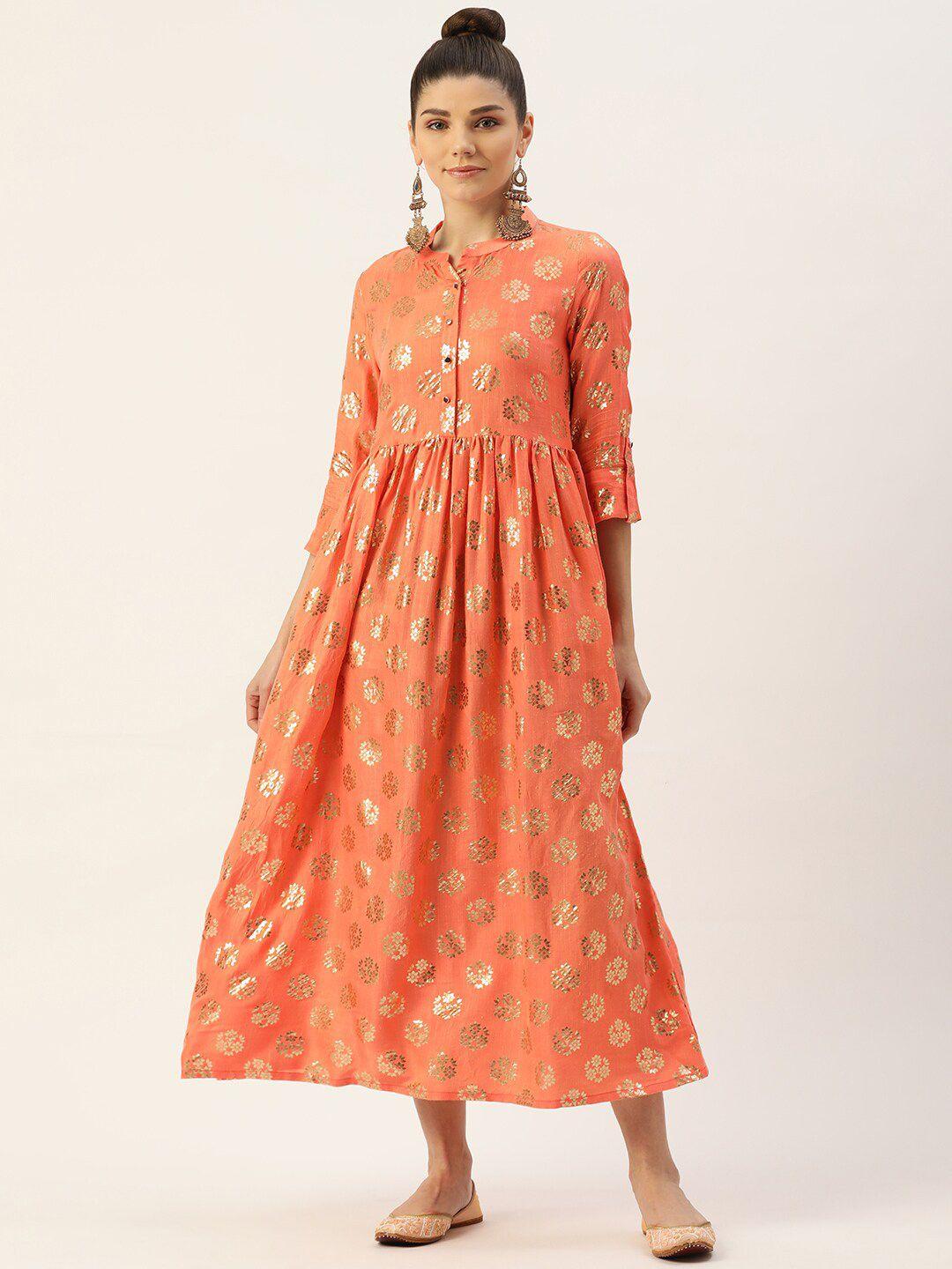 vaaba orange floral a-line midi dress