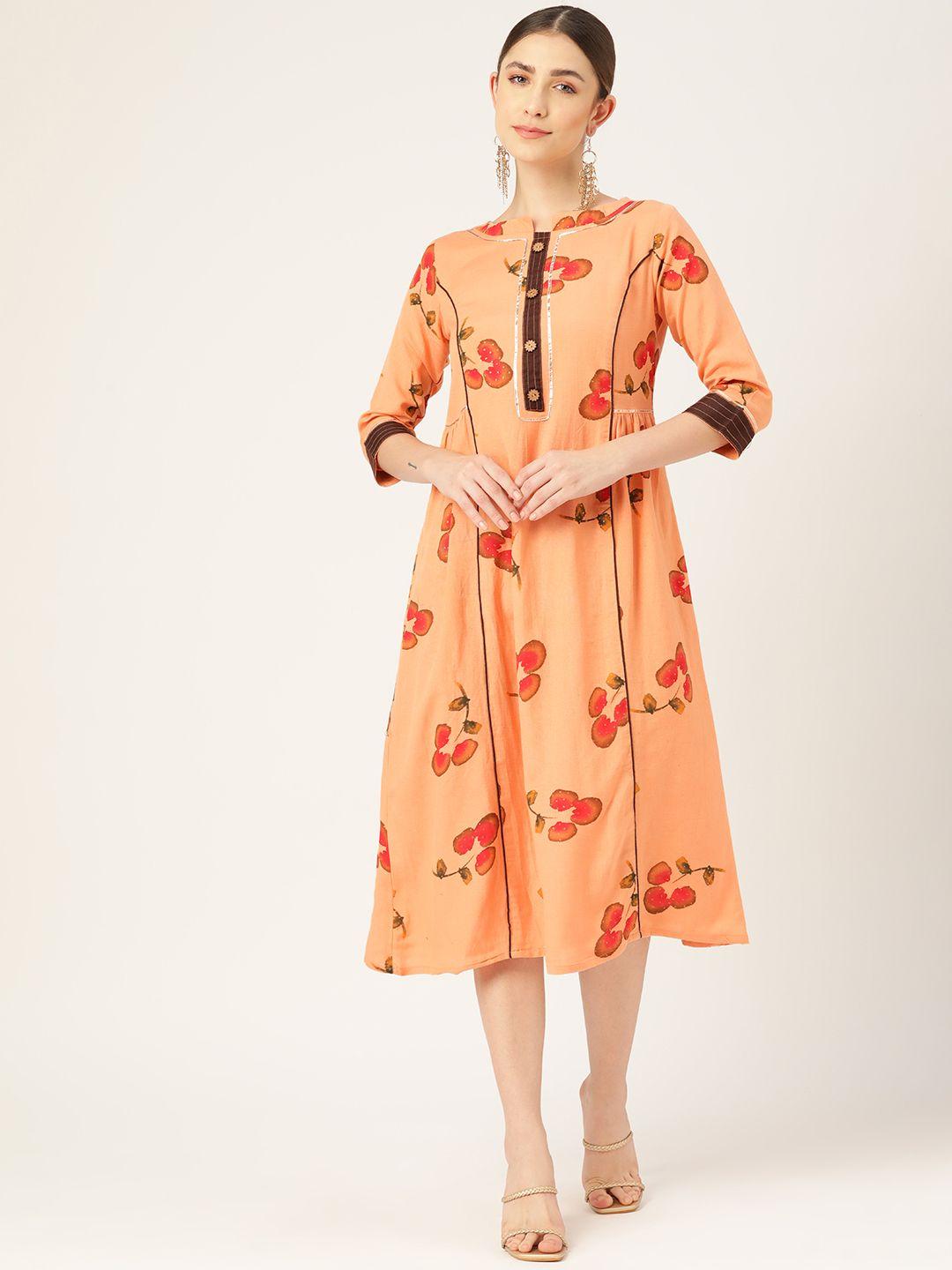 vaaba peach-coloured floral ethnic a-line midi dress