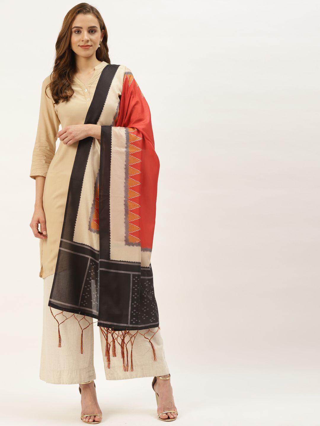 vaaba red & black ethnic motifs printed silk blend dupatta