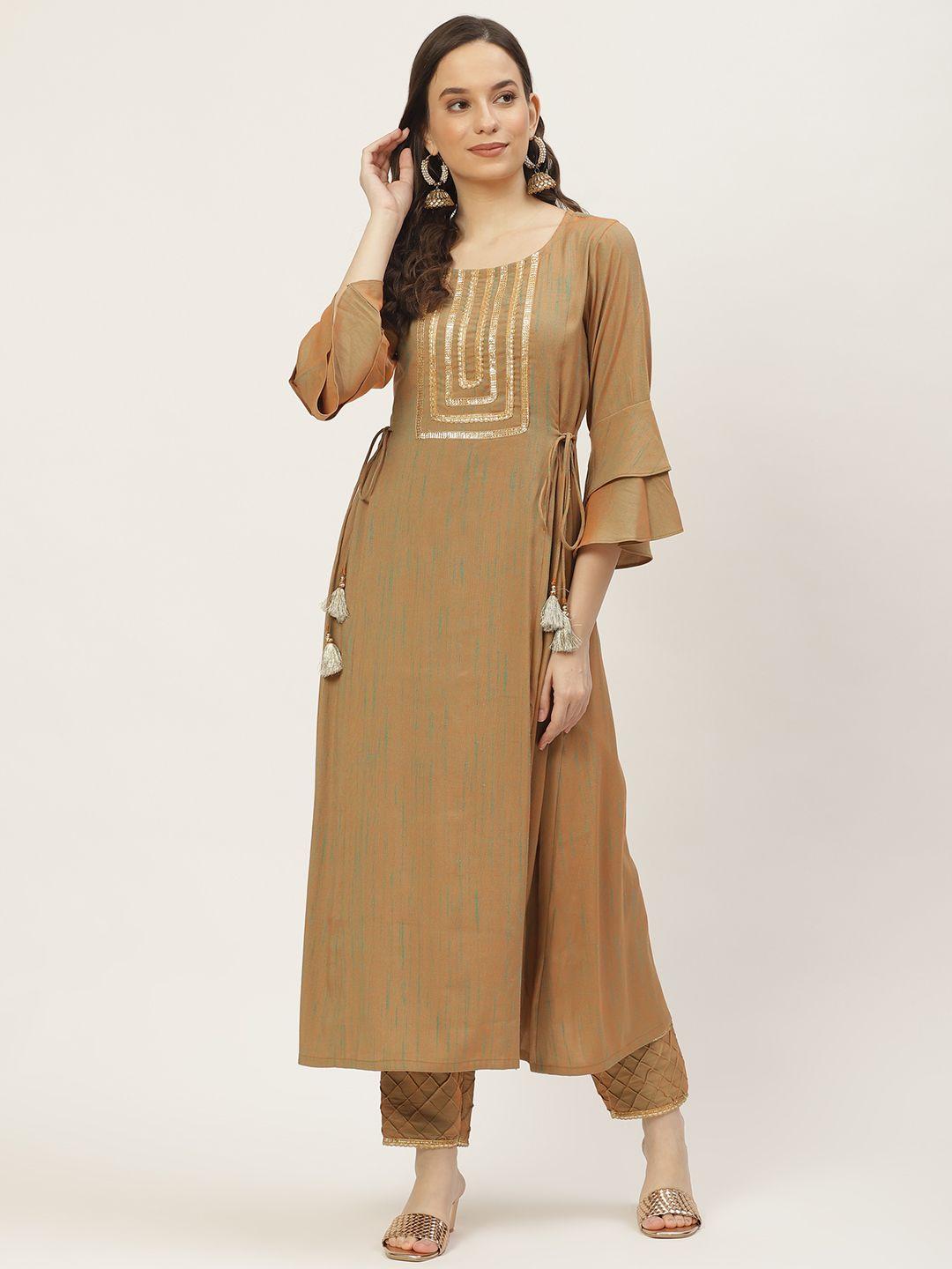 vaaba women beige & green dual-toned yoke design pleated gotta patti kurta with trousers
