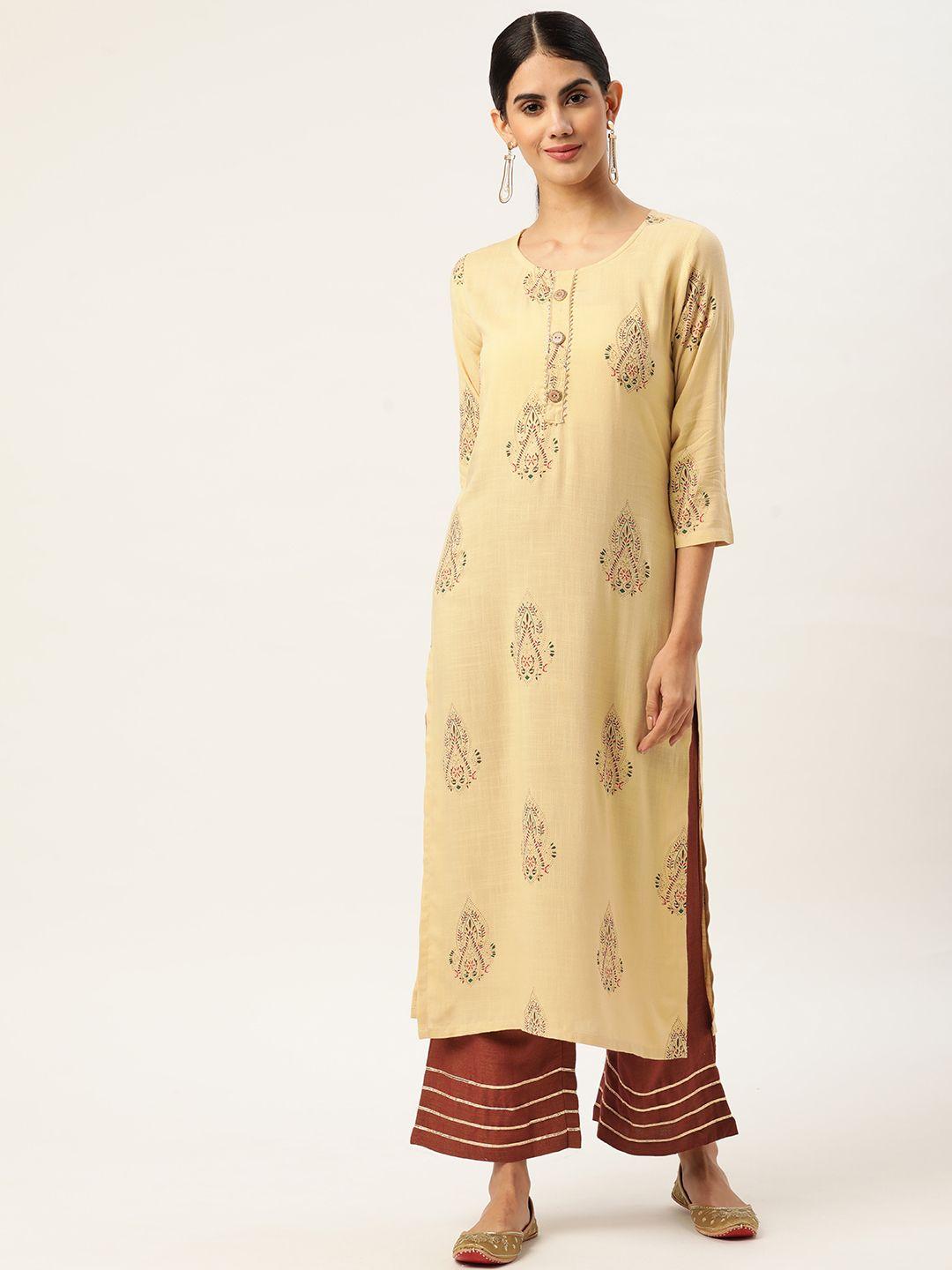 vaaba women beige ethnic motifs printed kurta with palazzos