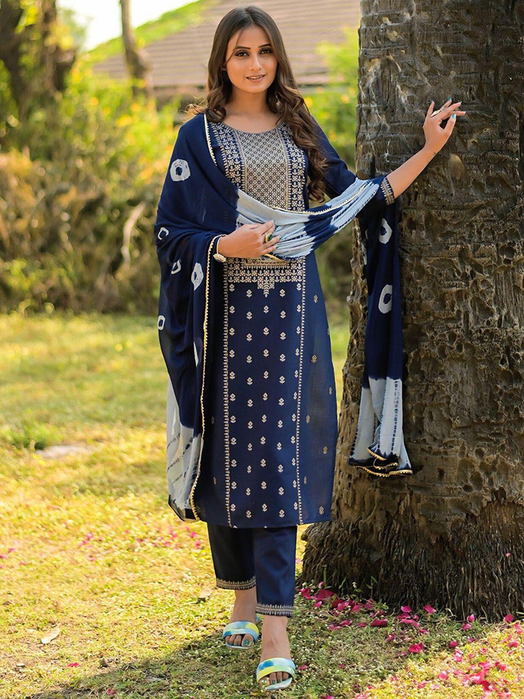 vaaba women blue ethnic motifs printed panelled kurta with trousers & with dupatta