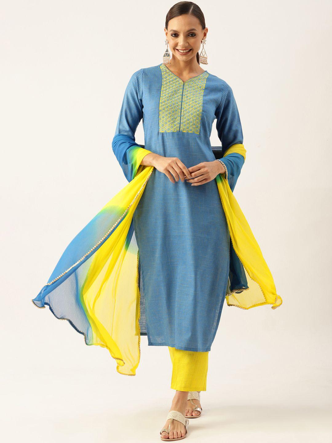 vaaba women blue floral yoke design gotta patti kurta with trousers & with dupatta