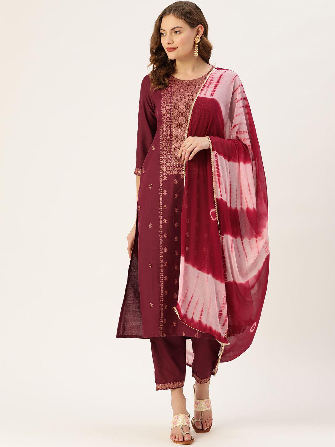 vaaba women brown ethnic motifs printed kurta with trousers & with dupatta
