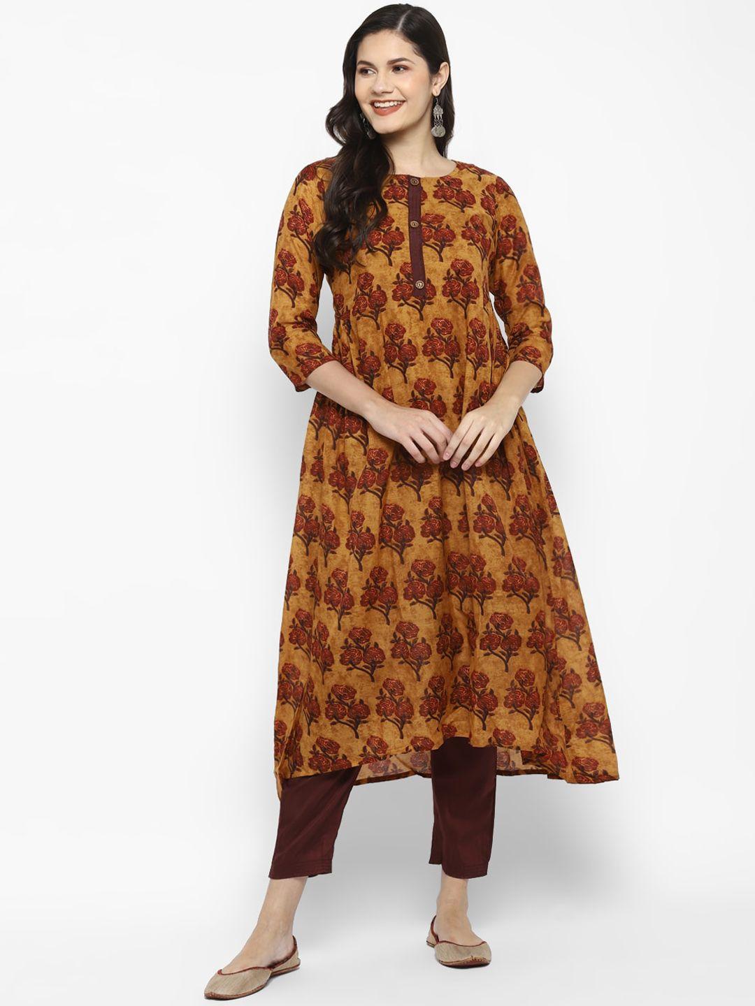 vaaba women brown ethnic motifs printed kurta with trousers