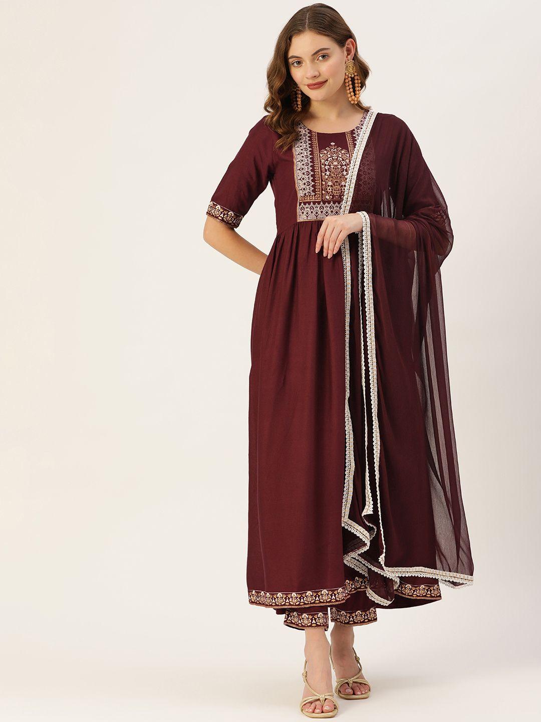 vaaba women brown ethnic motifs printed panelled kurta with trousers & with dupatta