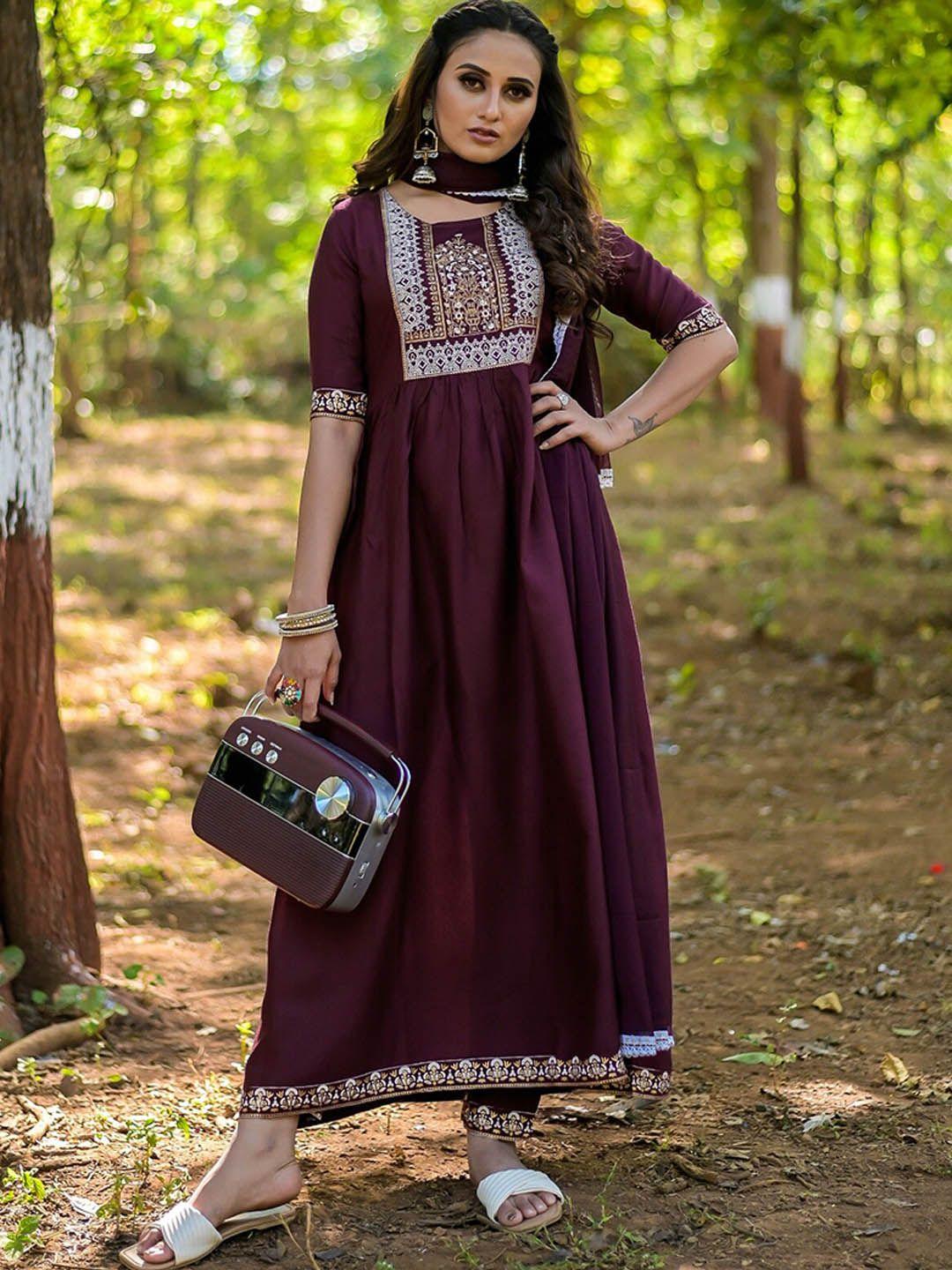 vaaba women brown ethnic motifs printed panelled kurta with trousers & with dupatta