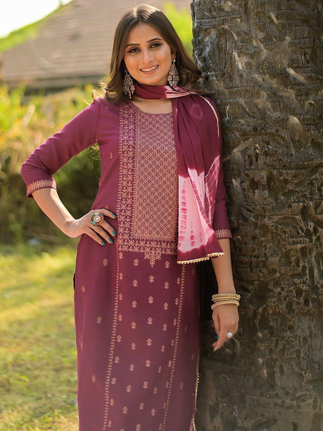 vaaba women brown ethnic motifs printed panelled kurta with trousers & with dupatta