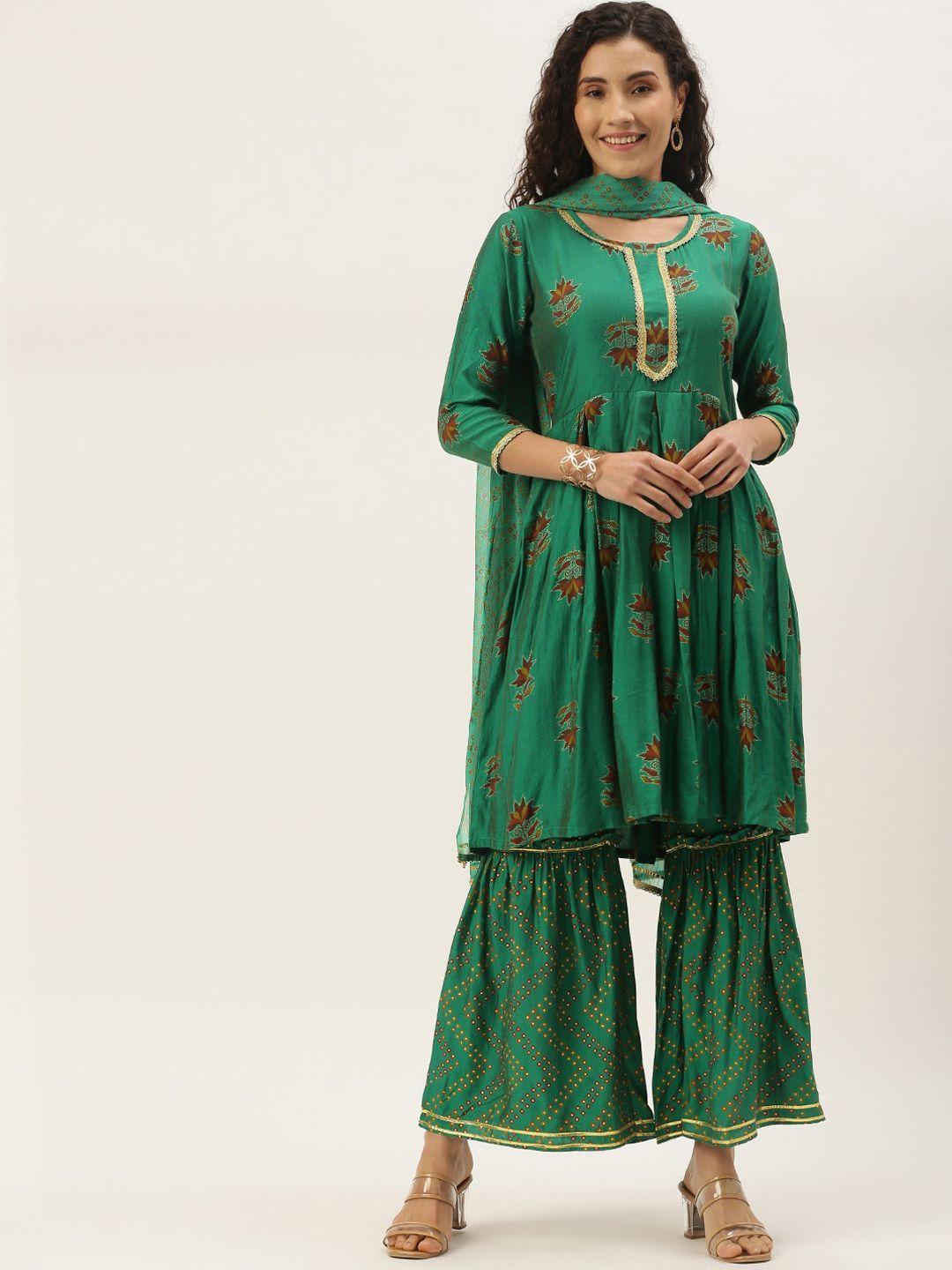 vaaba women green embroidered pleated kurti with sharara & with dupatta