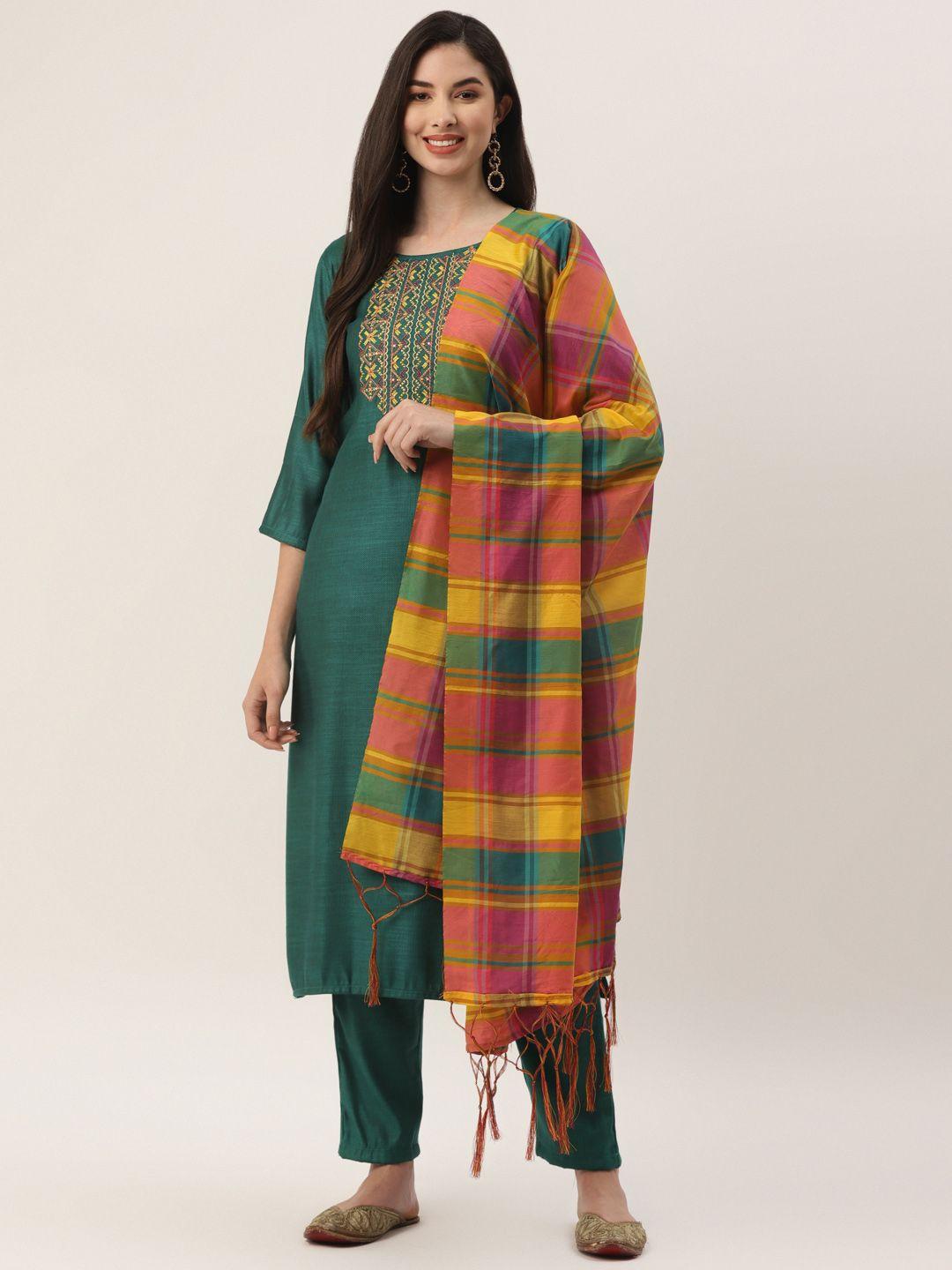 vaaba women green ethnic motifs embroidered kurta with trousers & with dupatta