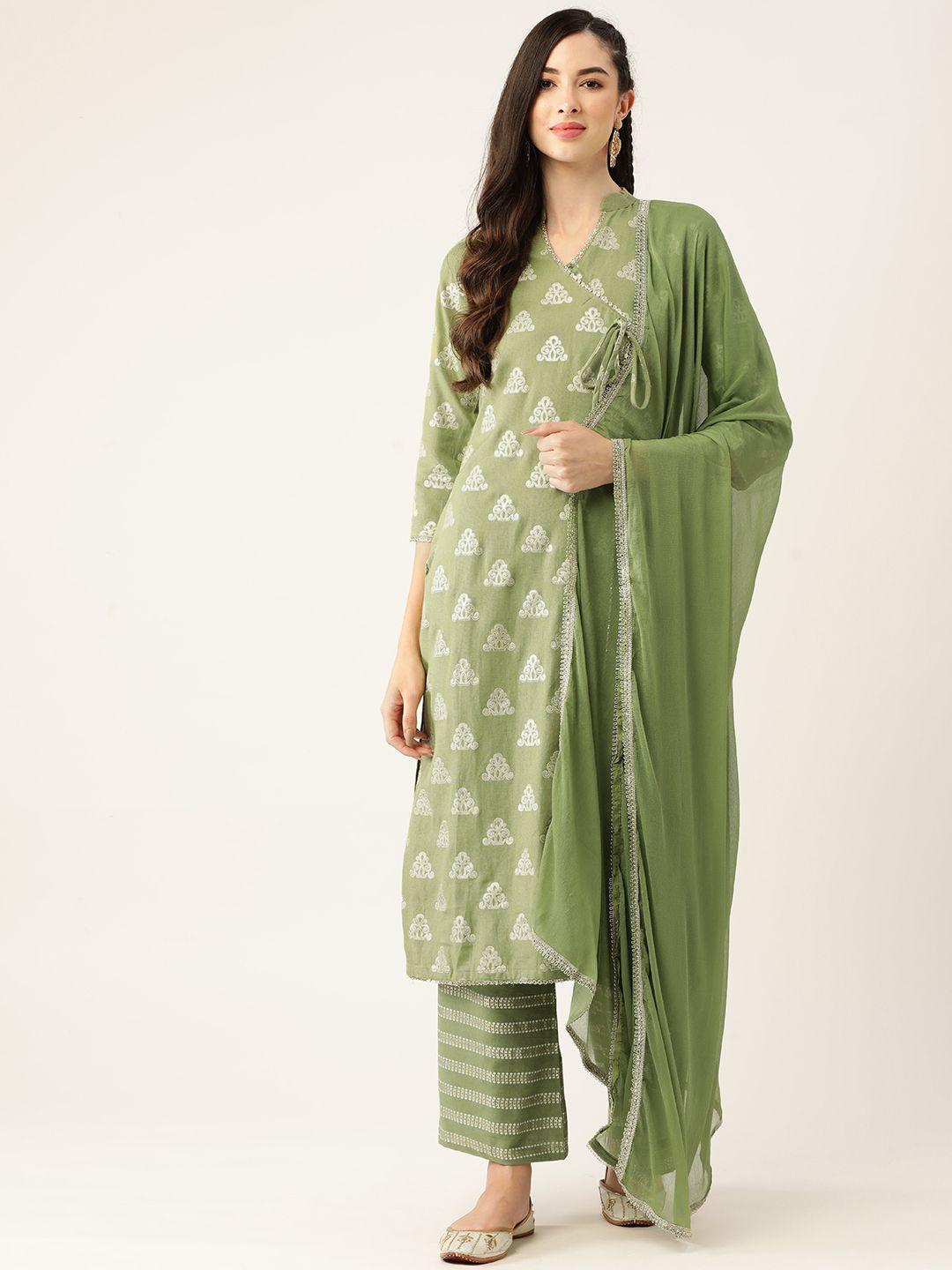 vaaba women green ethnic motifs printed angrakha kurta with palazzos & with dupatta