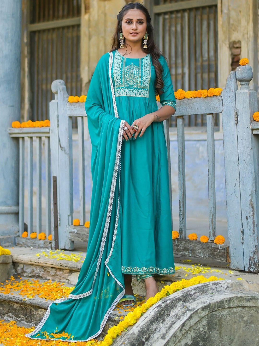 vaaba women green ethnic motifs printed panelled kurta with trousers & with dupatta