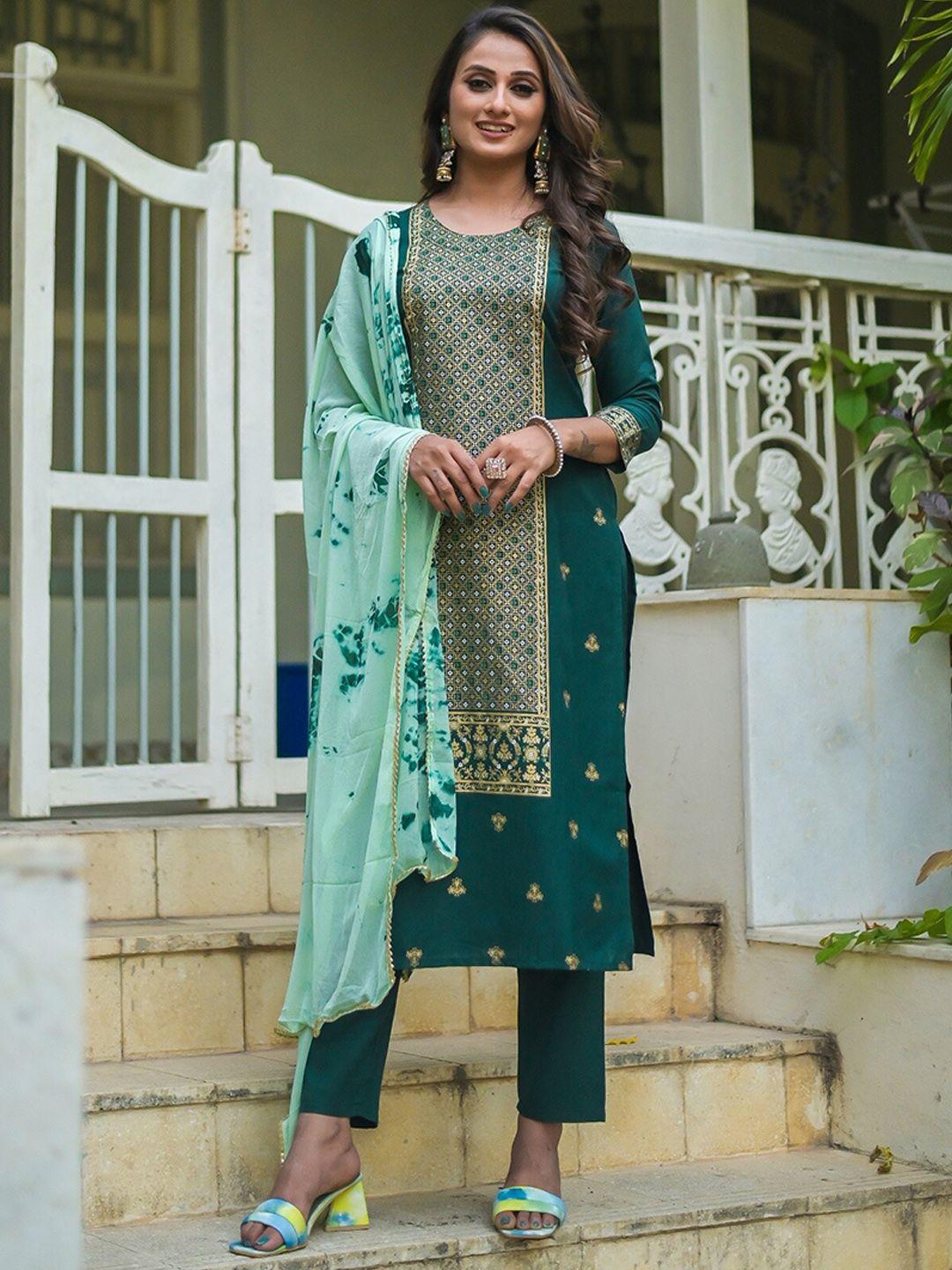 vaaba women green ethnic motifs printed panelled kurta with trousers & with dupatta