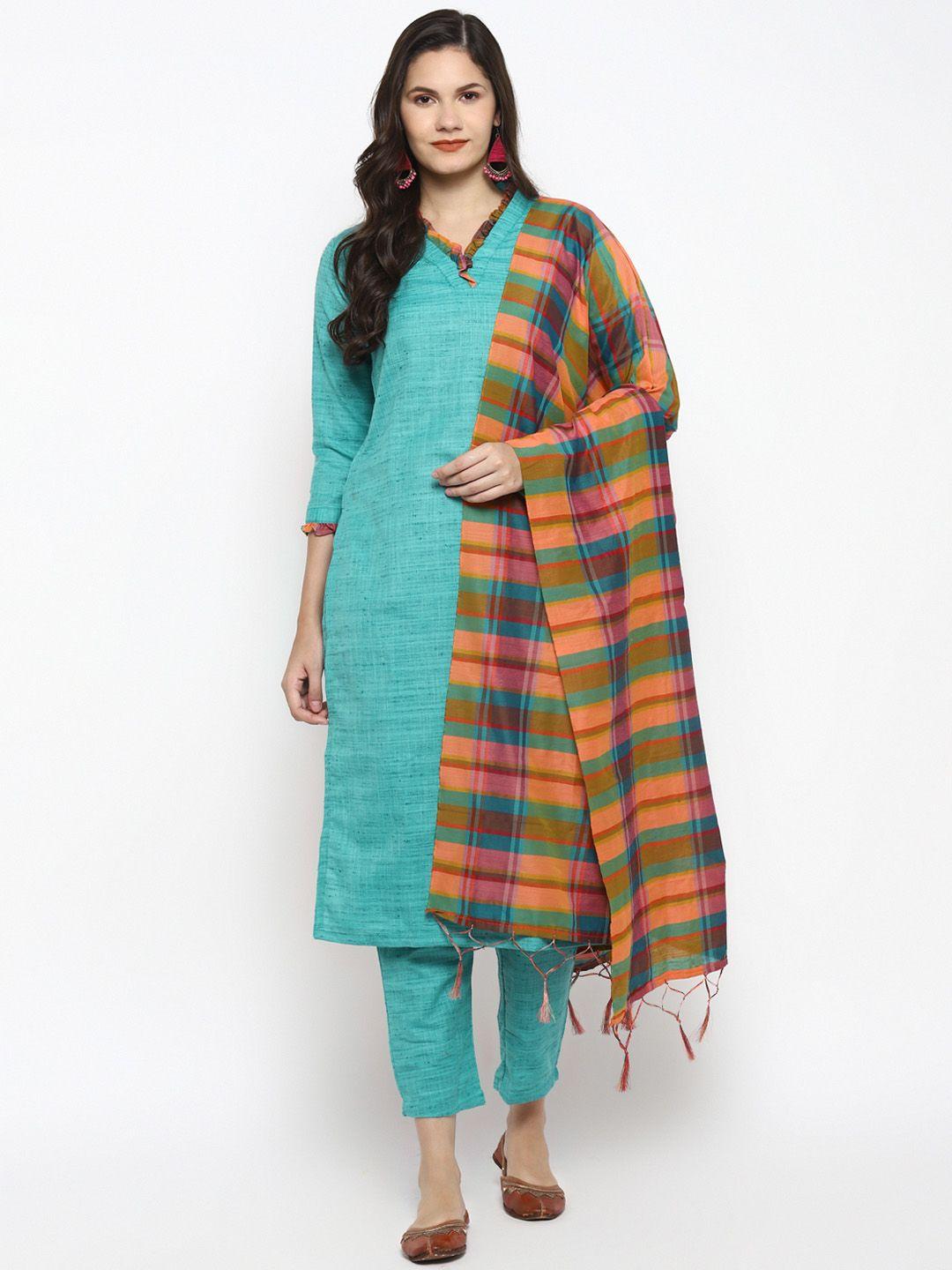 vaaba women green solid kurta with trousers & dupatta