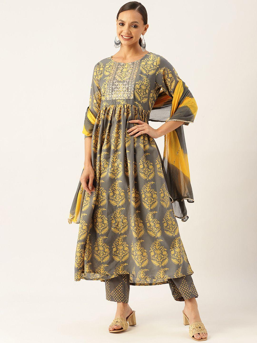 vaaba women grey ethnic motifs printed thread work kurta with trousers & with dupatta