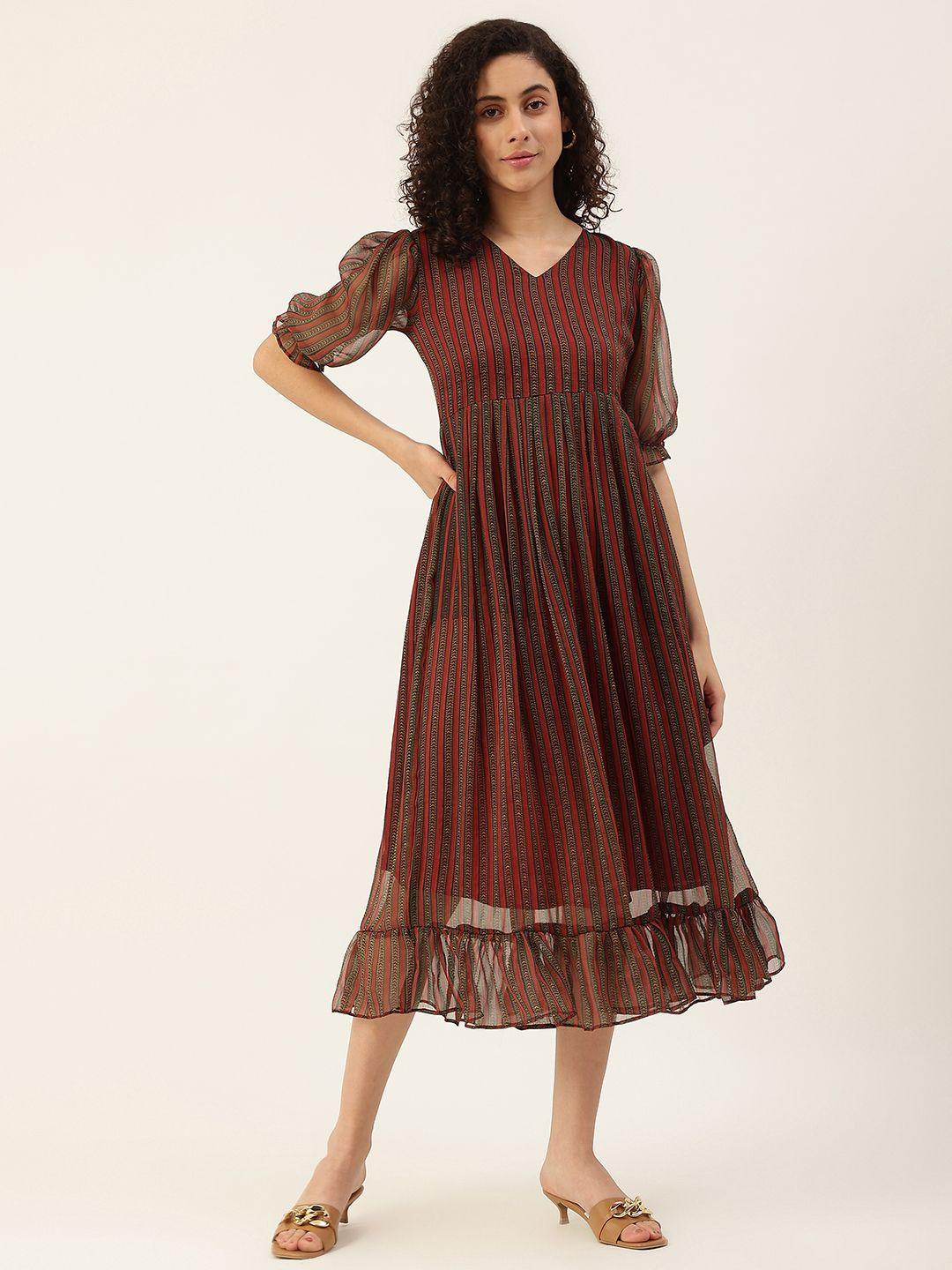 vaaba women maroon & black striped chiffon a-line midi dress