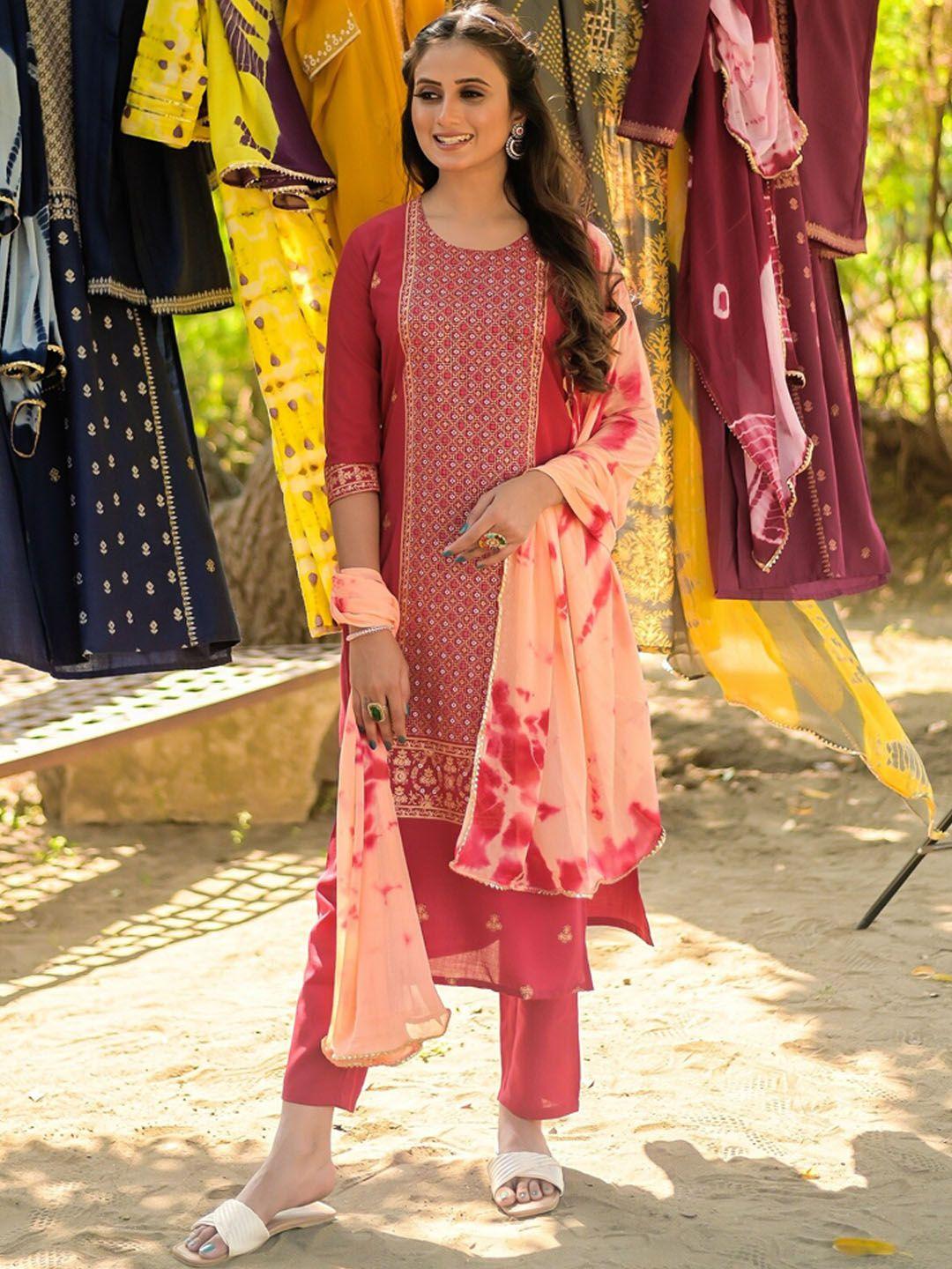 vaaba women maroon ethnic motifs printed panelled kurta with trousers & with dupatta