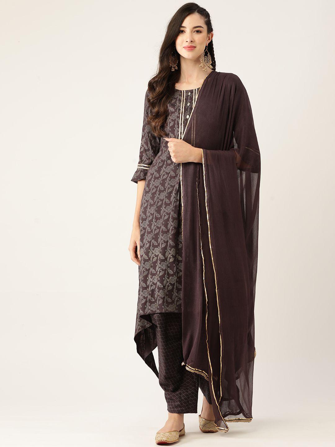 vaaba women maroon ethnic motifs printed regular kurta with patiala & with dupatta