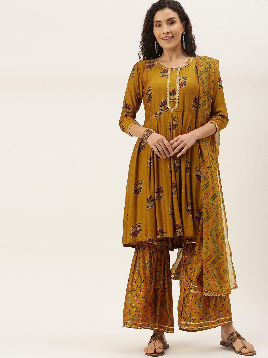 vaaba women mustard yellow embroidered pleated kurta with sharara & with dupatta