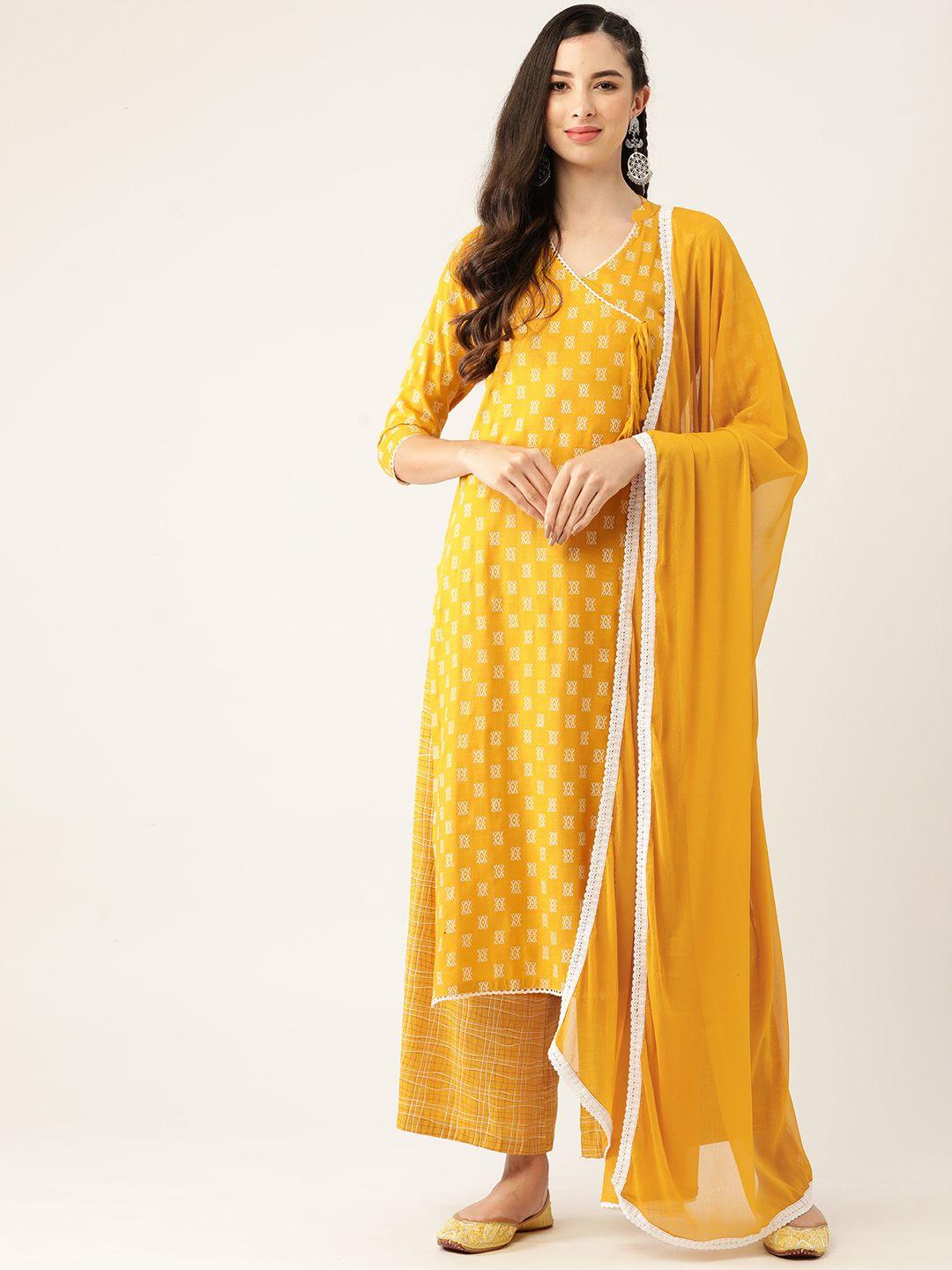 vaaba women mustard yellow ethnic motifs printed angrakha kurta with palazzos & with dupatta