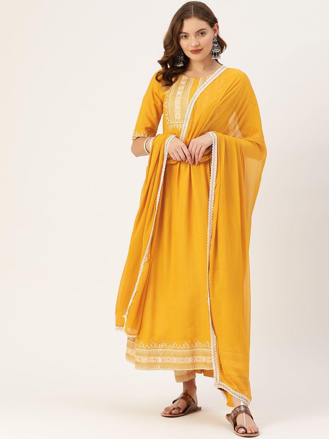 vaaba women mustard yellow ethnic motifs printed panelled kurta with trousers & with dupatta
