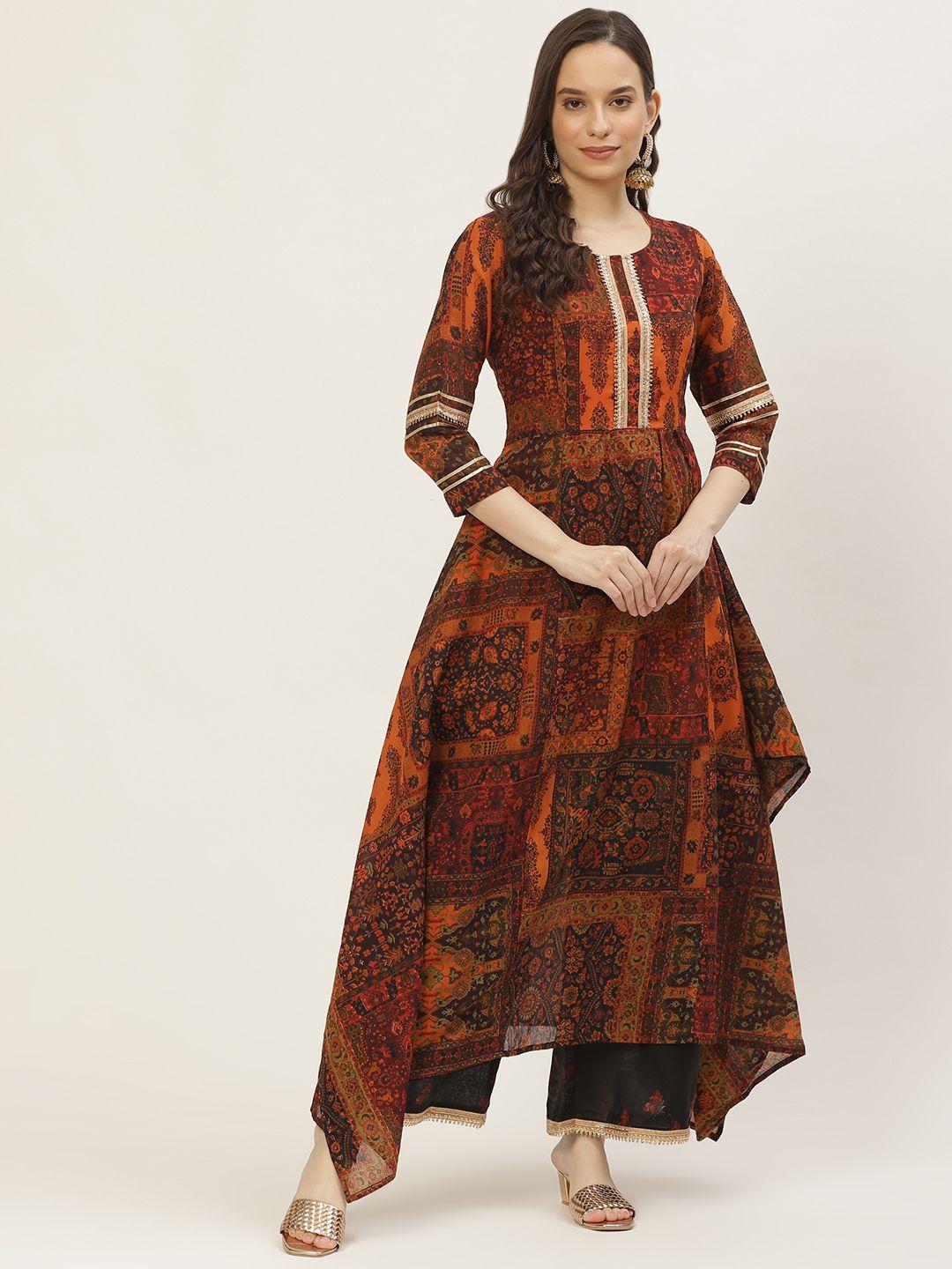vaaba women orange & black printed panelled gotta patti chanderi silk kurta with palazzos