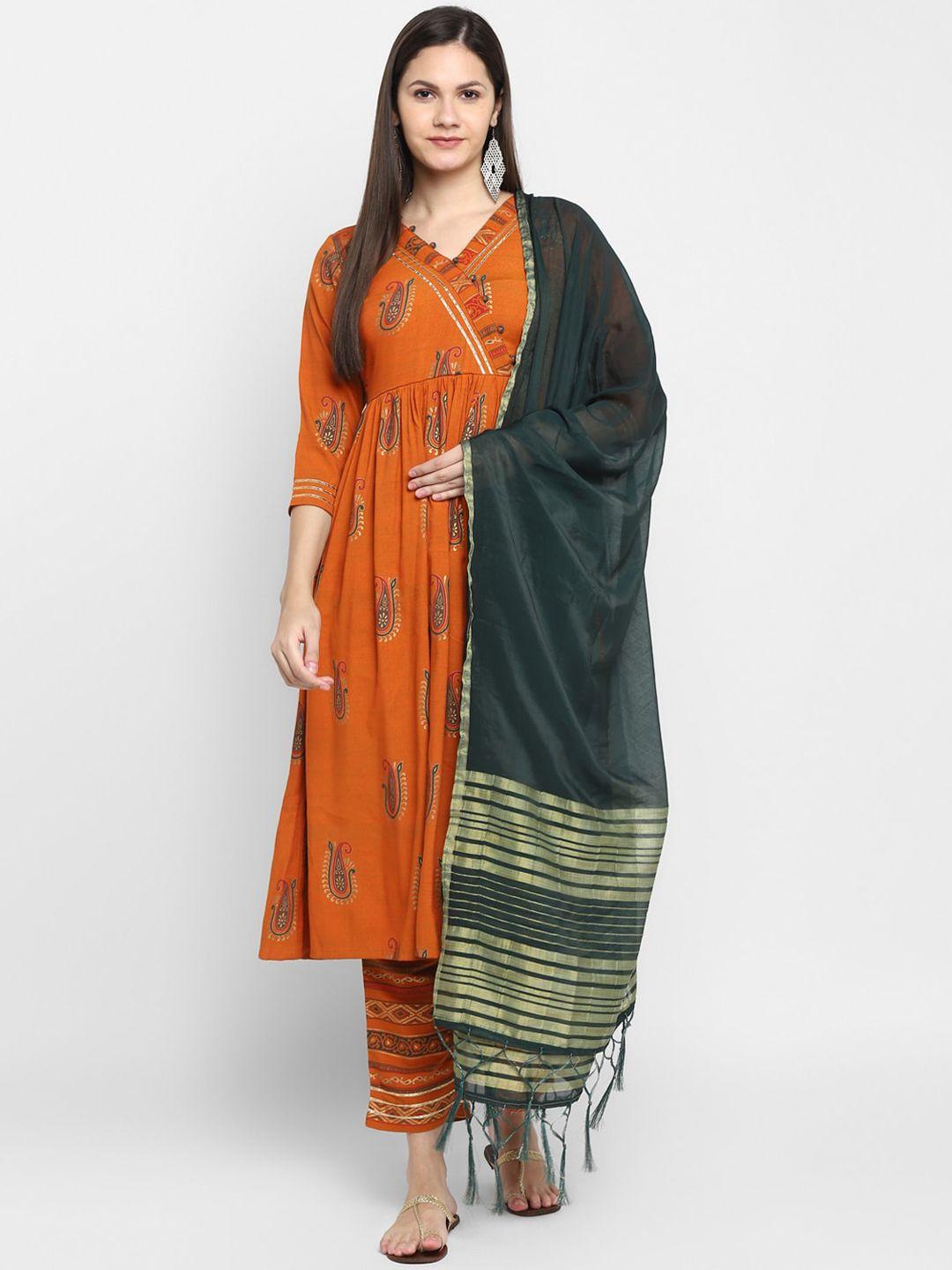 vaaba women orange & green screen print angrakha gotta patti kurta with trousers & dupatta