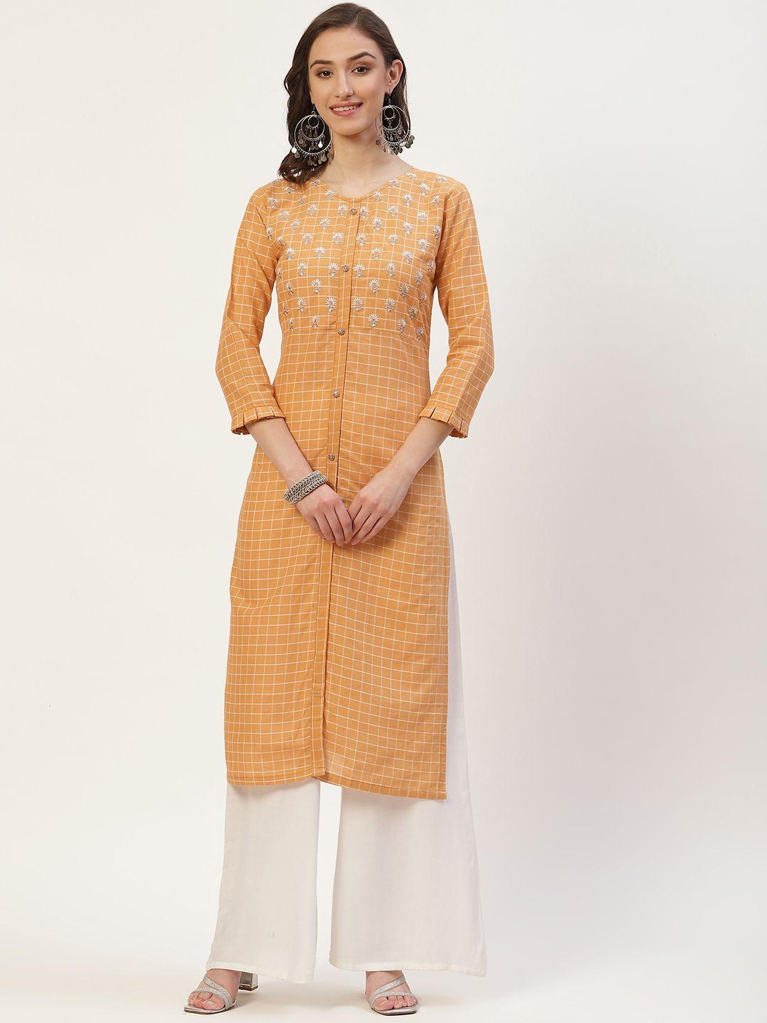 vaaba women orange & white checked embroidered detail kurta