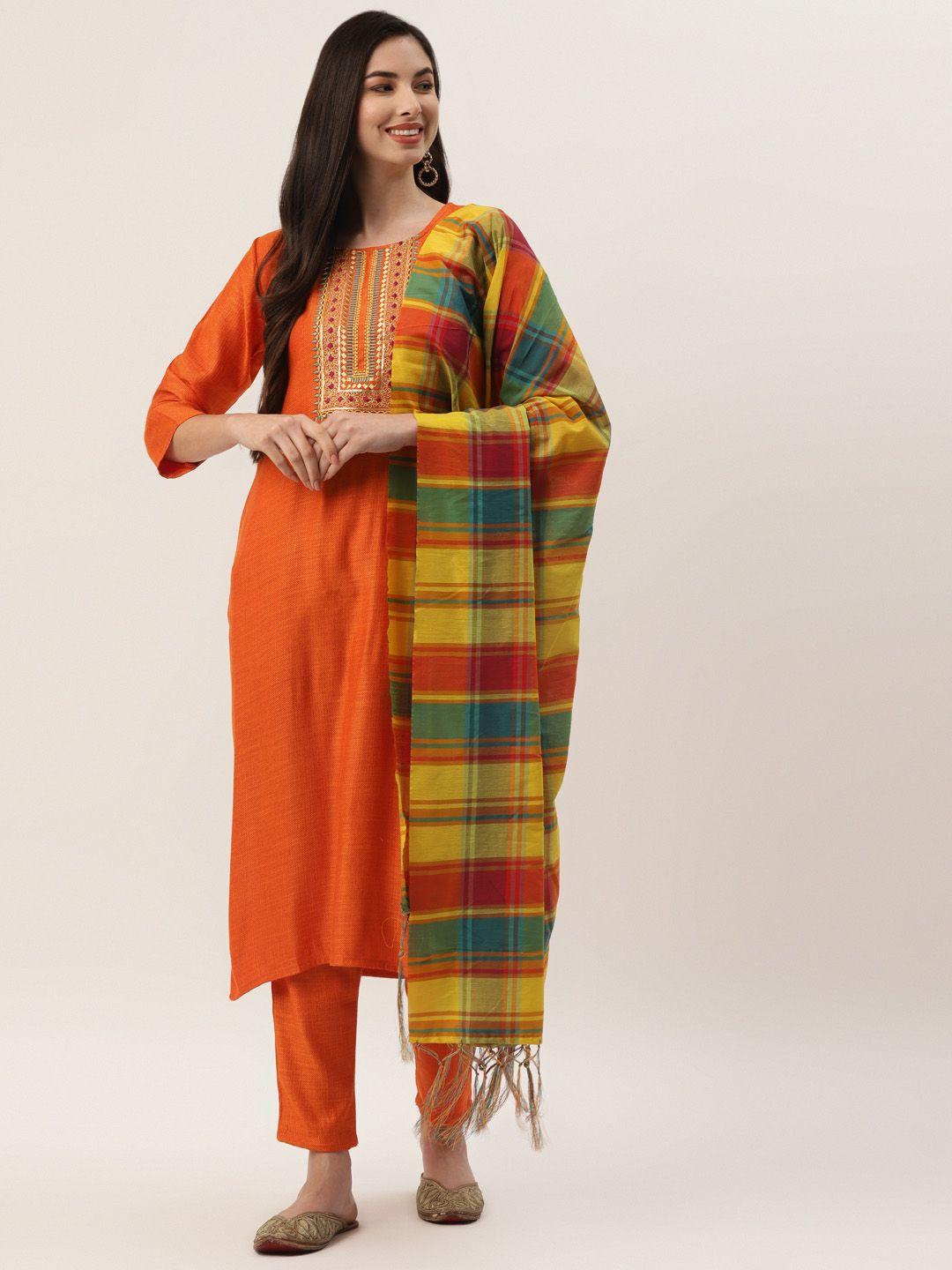vaaba women orange & yellow floral embroidered sequined kurta with trousers & dupatta