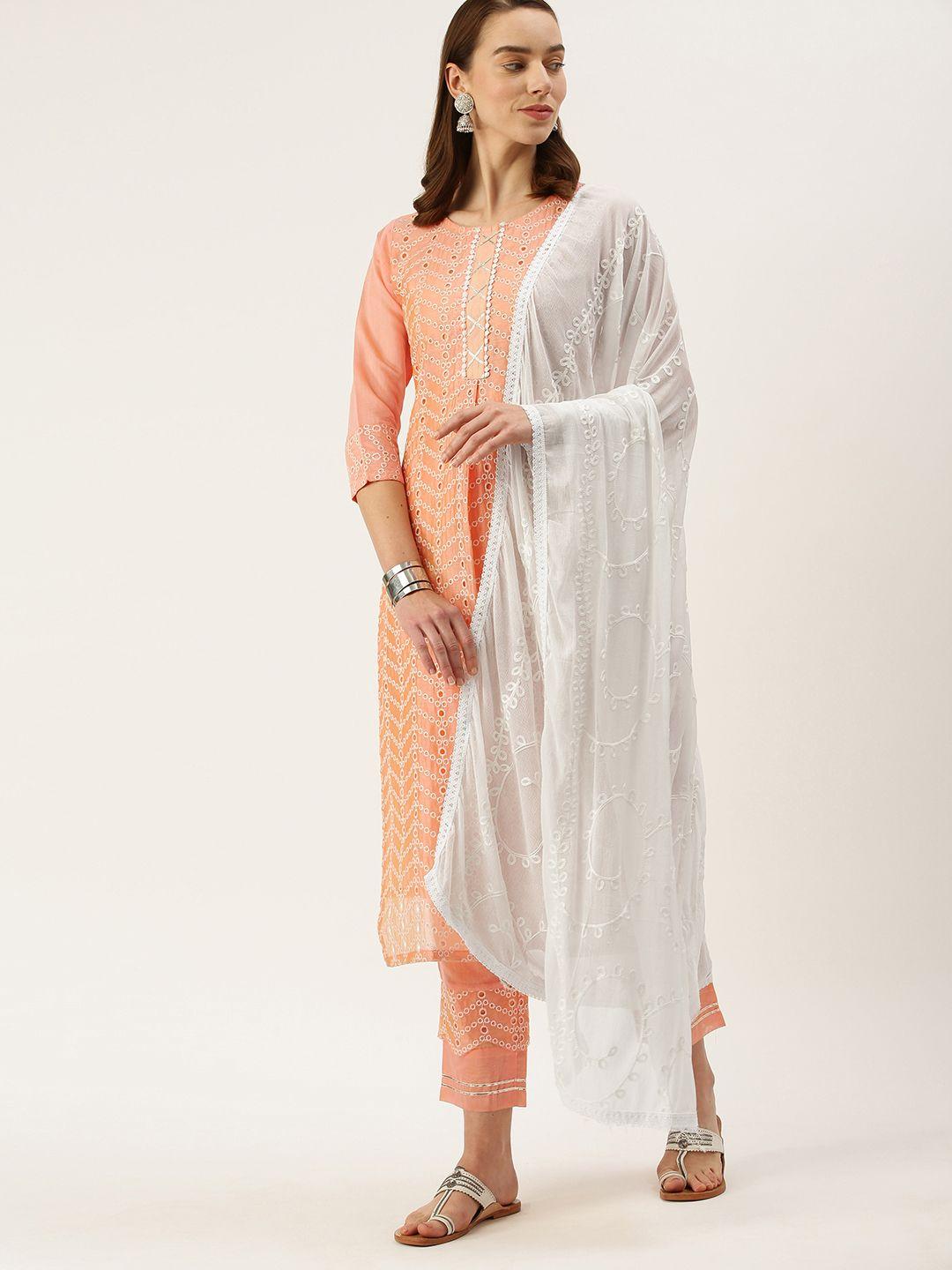 vaaba women peach-coloured embroidered regular chikankari chanderi cotton kurta with trousers & with dupatta
