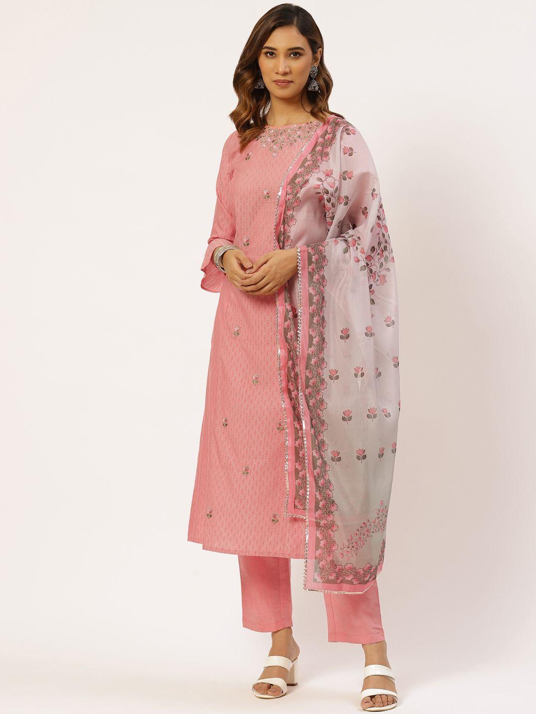 vaaba women peach-coloured floral embroidered thread work kurta with trousers & with dupatta