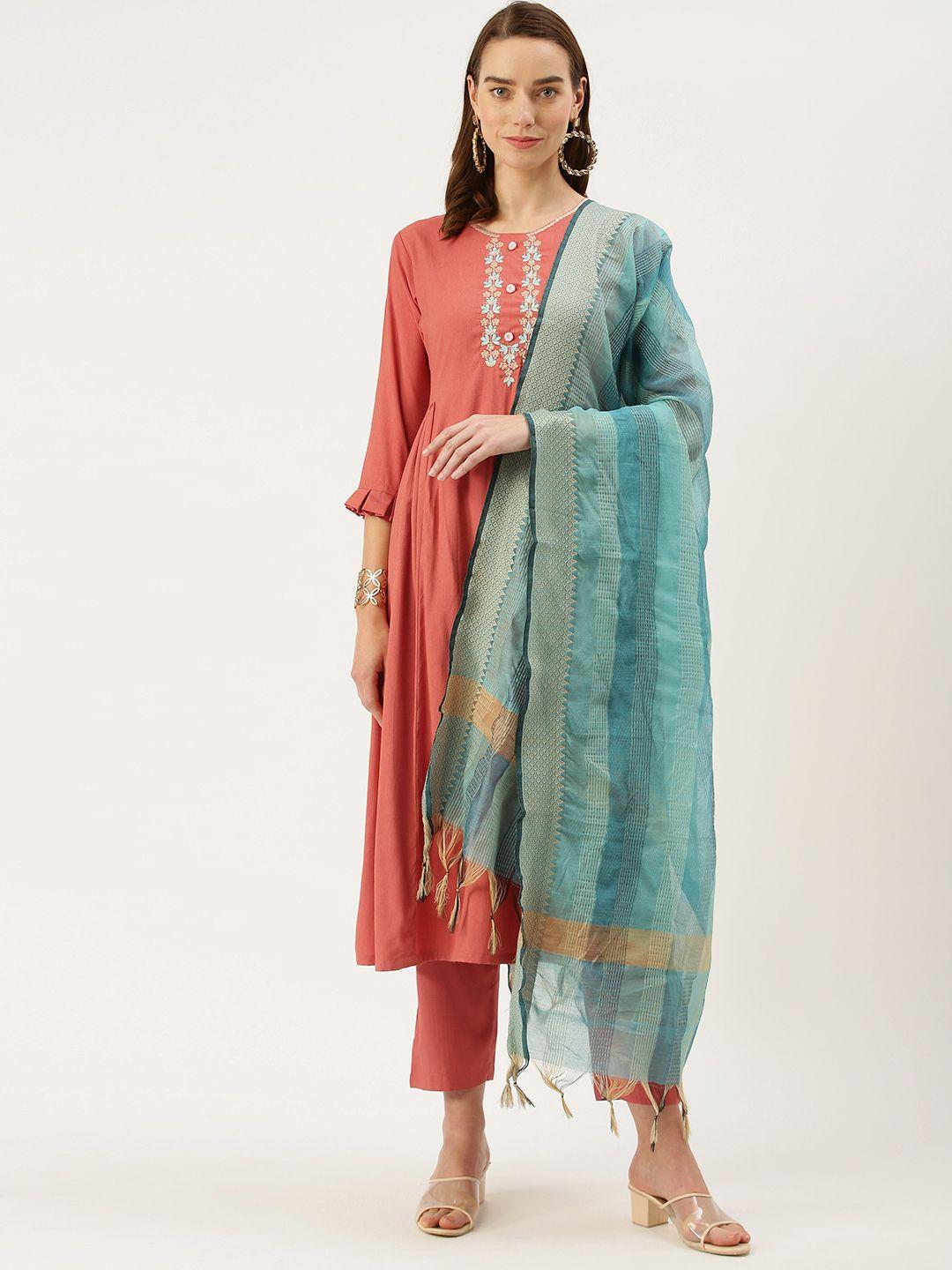 vaaba women pink & sea green yoke design pleated kurta with trousers & dupatta