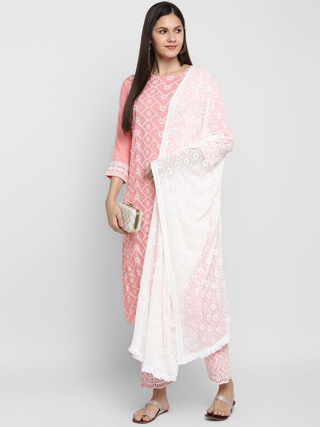 vaaba women pink & white chikankari kurta with trousers & dupatta