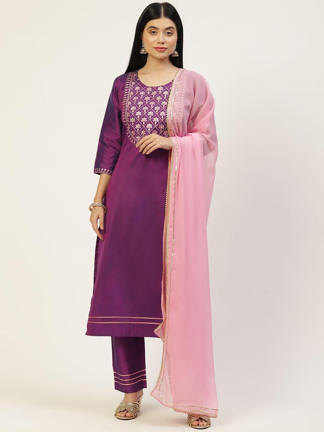 vaaba women purple floral yoke design gotta patti kurta with trousers & with dupatta