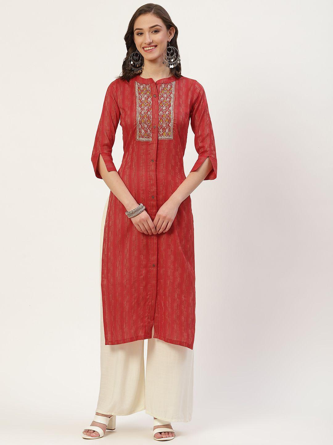 vaaba women red ethnic motifs yoke design kurta