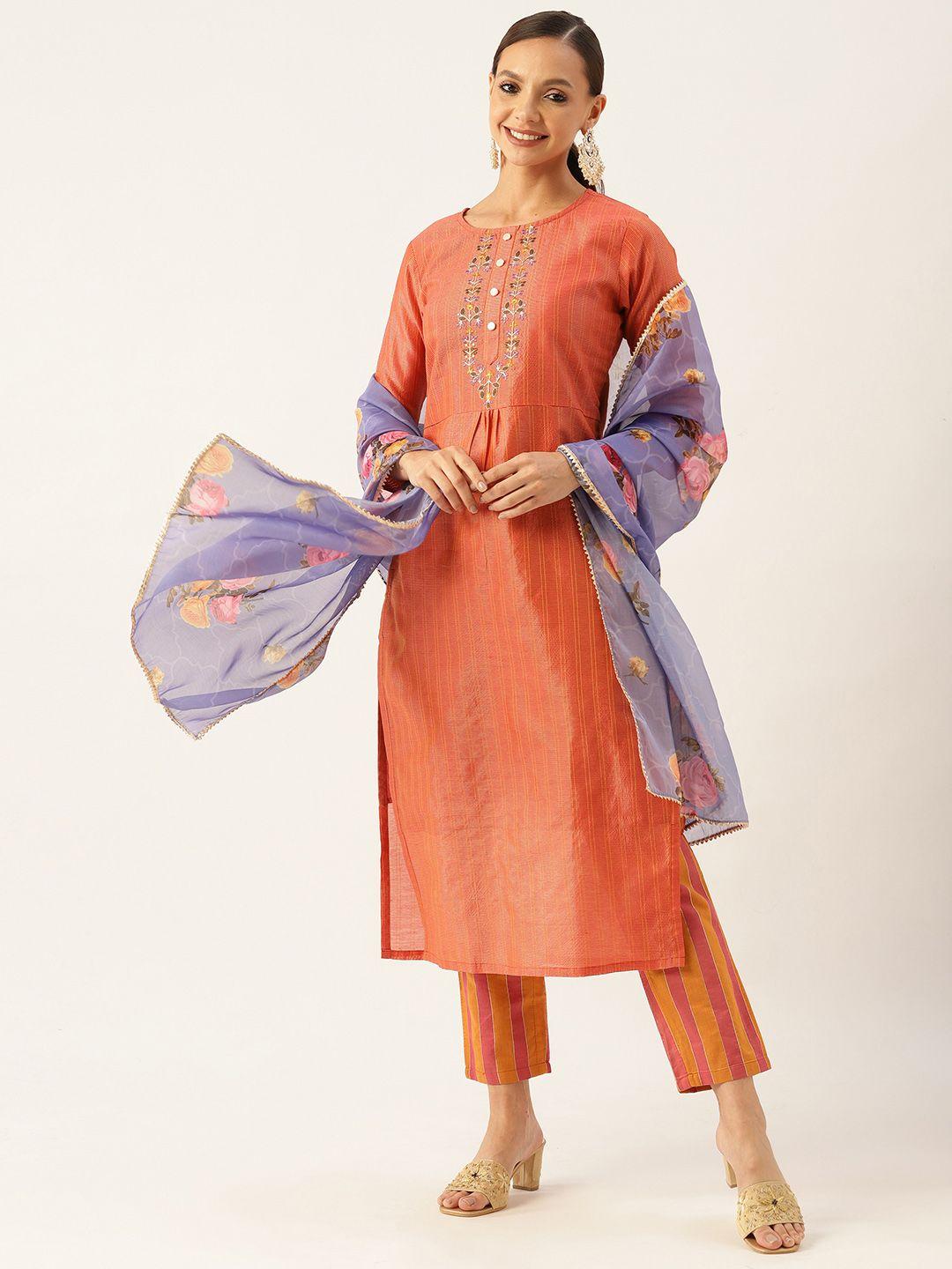 vaaba women rust striped thread work chanderi silk kurta with trousers & with dupatta