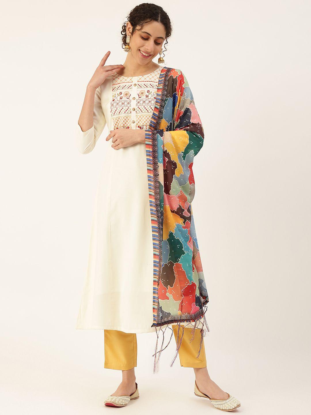 vaaba women white ethnic motifs embroidered yoke design kurta with trousers & dupatta