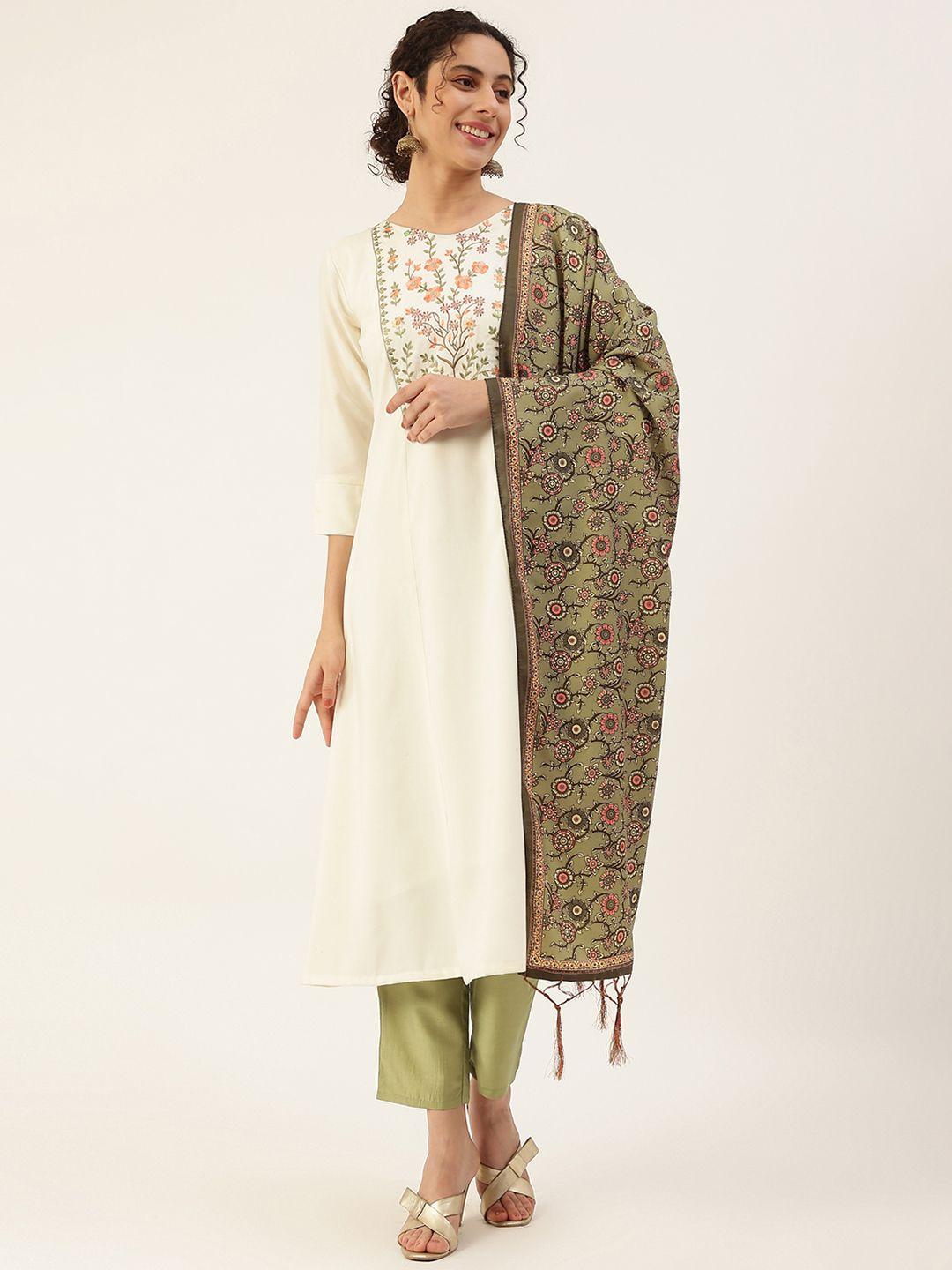 vaaba women white ethnic motifs embroidered yoke design kurta with trousers & dupatta
