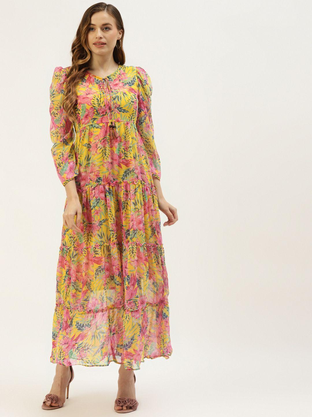 vaaba women yellow & pink floral tie-up neck chiffon ethnic a-line maxi dress