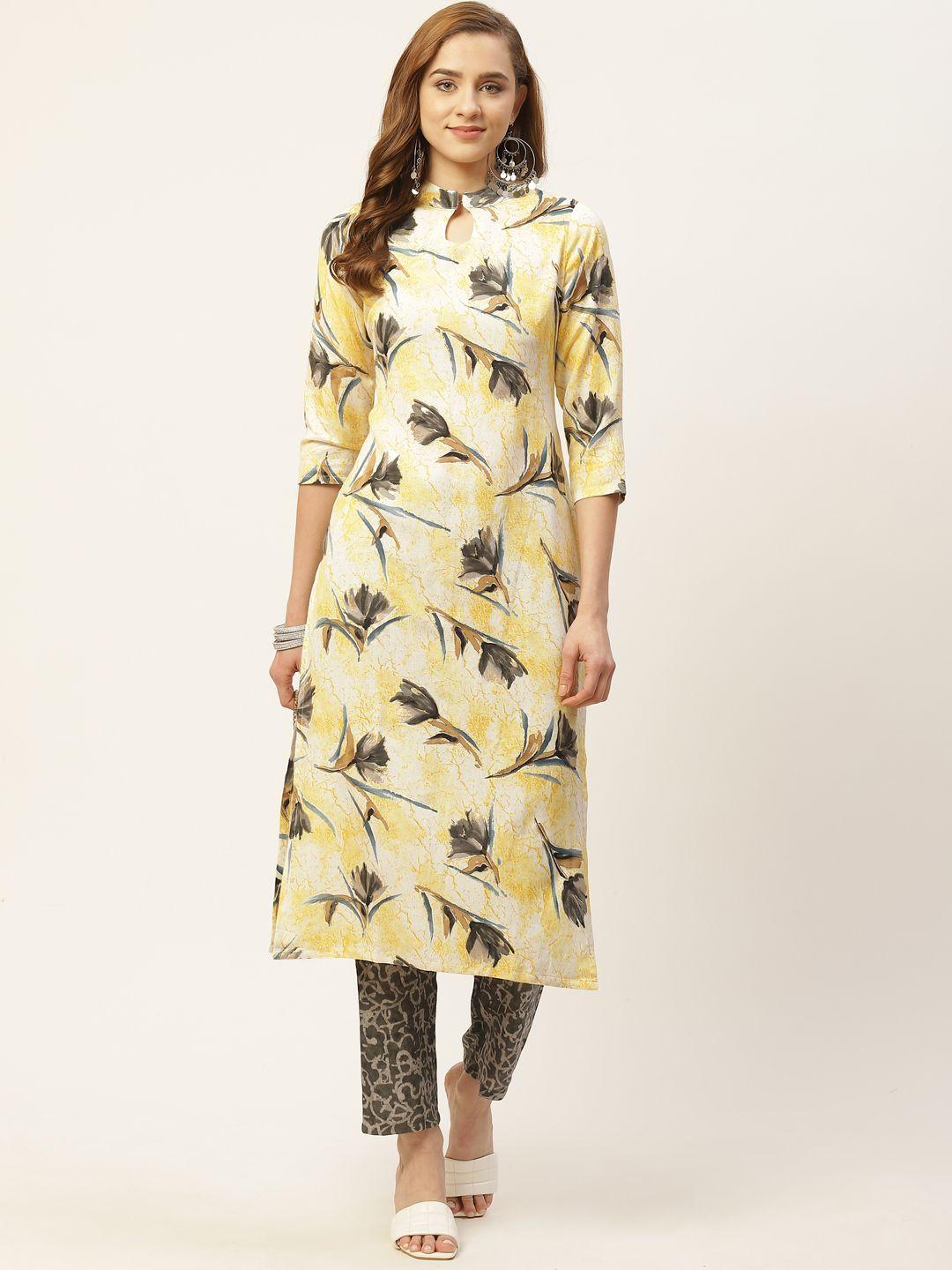 vaaba women yellow & taupe ethnic motifs printed kurta with trousers