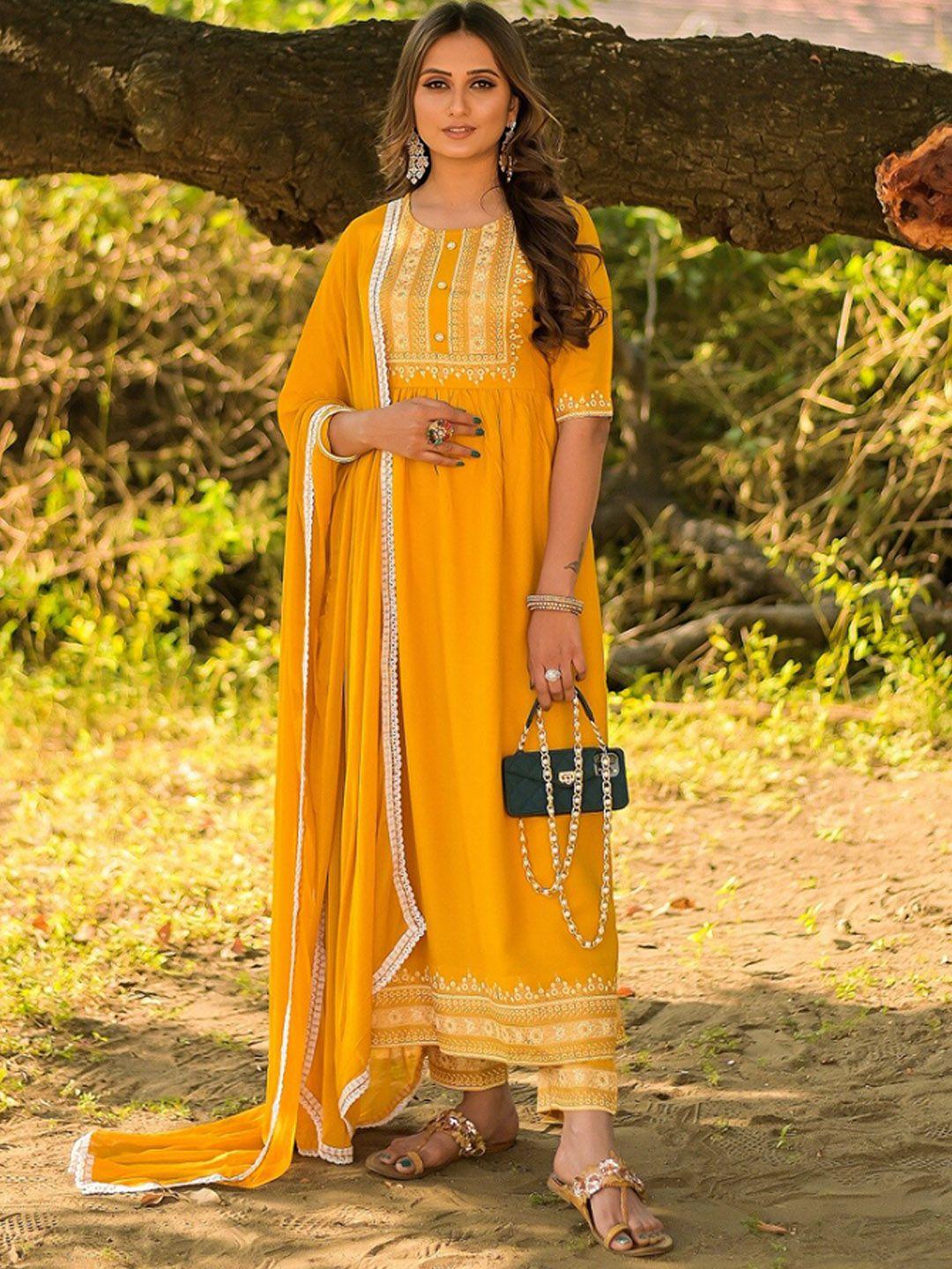 vaaba women yellow ethnic motifs printed panelled kurta with trousers & with dupatta