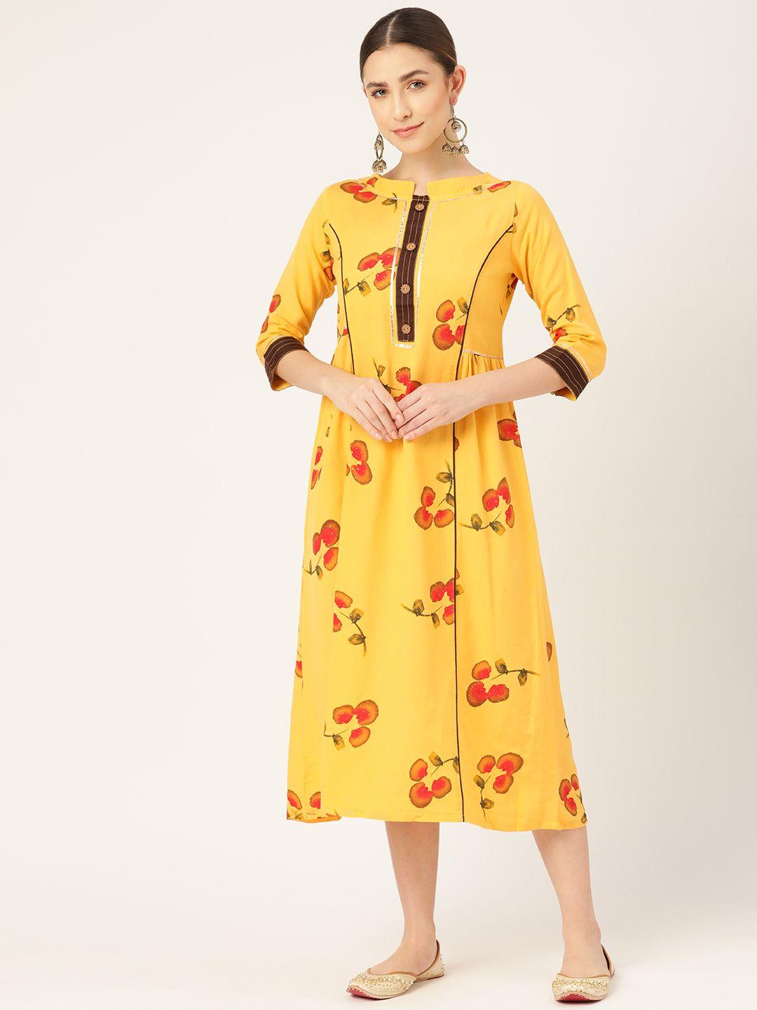 vaaba yellow floral ethnic a-line midi dress