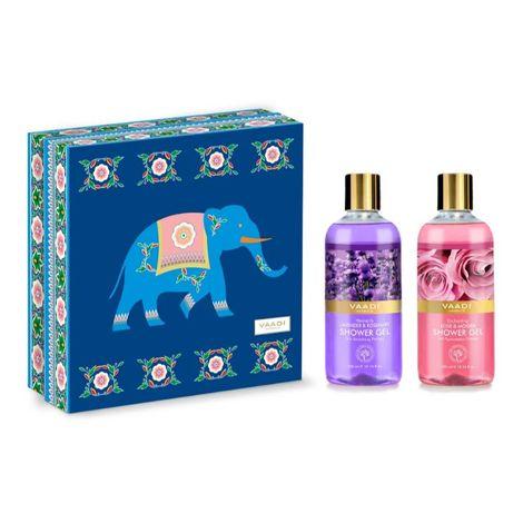 vaadi herbals exotic floral shower gels gift box - enachanting rose & mogra (300 ml) & heavenly lavender & rosemary (300 ml) (royal elephant)( 300 ml x 2 )