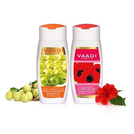 vaadi herbals amla shikakai shampoo - hairfall & damage control with corn rose conditioner (110 ml x 2)