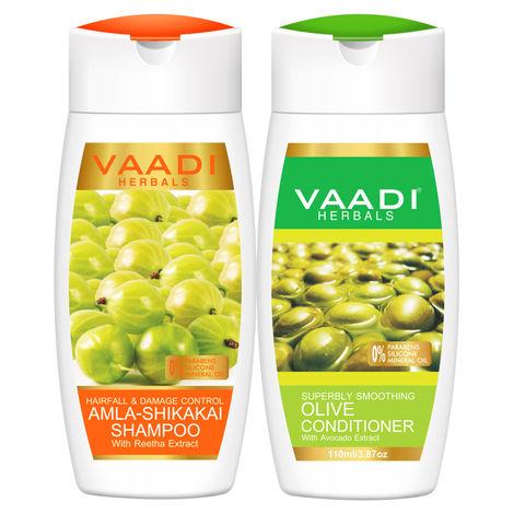 vaadi herbals amla shikakai shampoo - hairfall & damage control with olive conditioner (110 ml x 2)