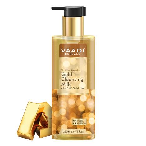vaadi herbals gold cleansing milk with 24k gold leaf - 3-skin benefits (250 ml)