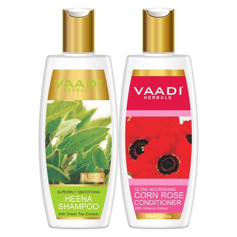 vaadi herbals superbly smoothing heena shampoo with corn rose conditioner (350 ml x 2)