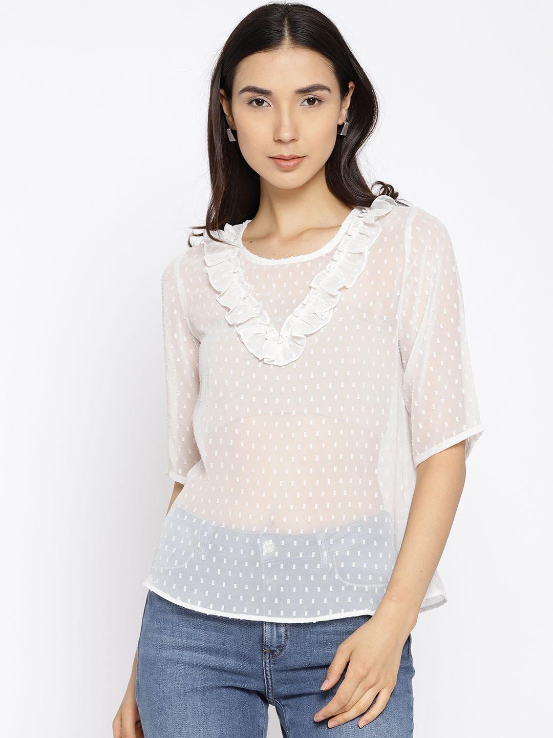 vaak white dot butta self design regular top