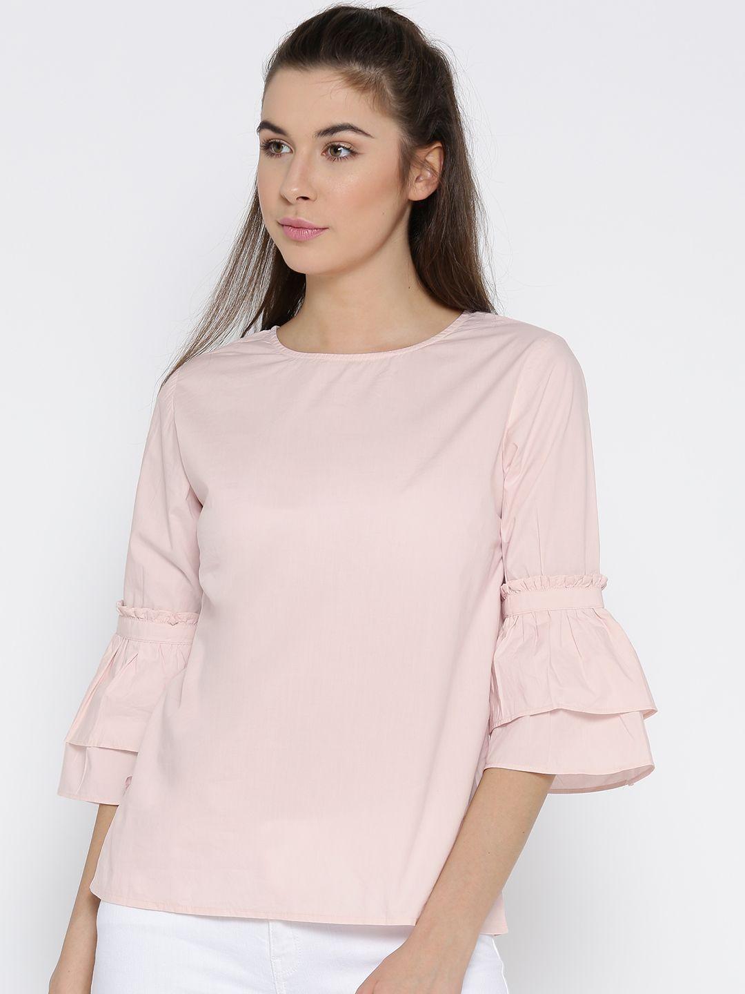 vaak women pink solid pure cotton top with bell sleeves